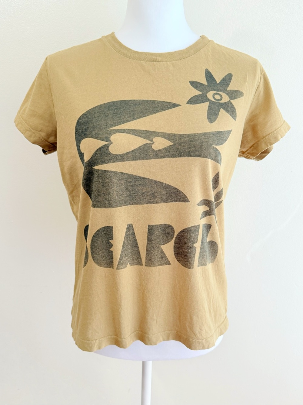 MOTHER LIGHT BROWN FLYING BIRD SEARCH FLOWER COTTON CREWNECK TEE SHIRT